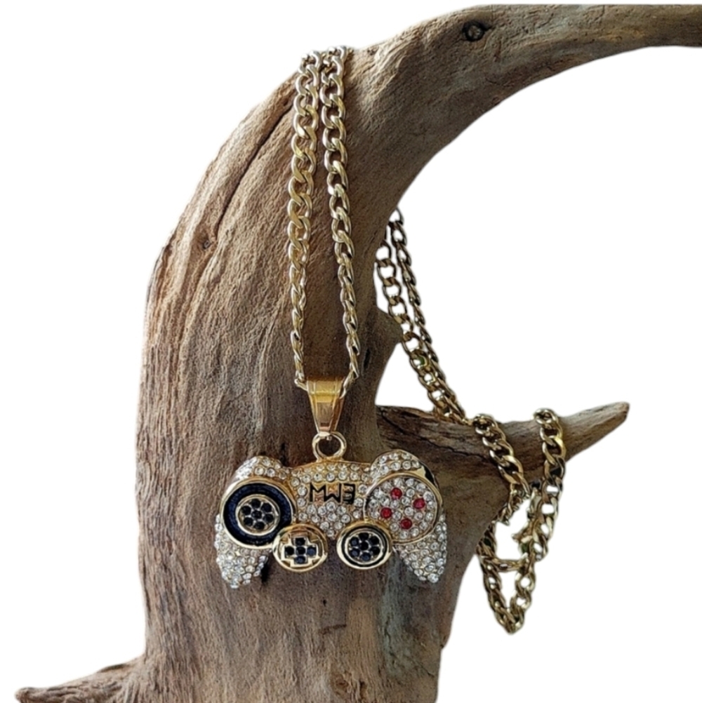 Gold with Crystal Game Controller Pendant Necklace